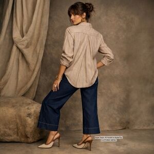 A SHIRT THING Tan Striped Mandarin Collar Shirt with Pleat Detail Women's Small